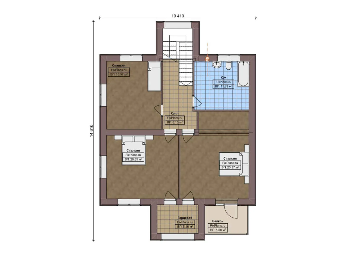 F-6362 - Планы двухэтажного дома 15 на 15, площадью 240 м² с террасой, балконом, баней, гаражом на 1 машину и 3 спальнями