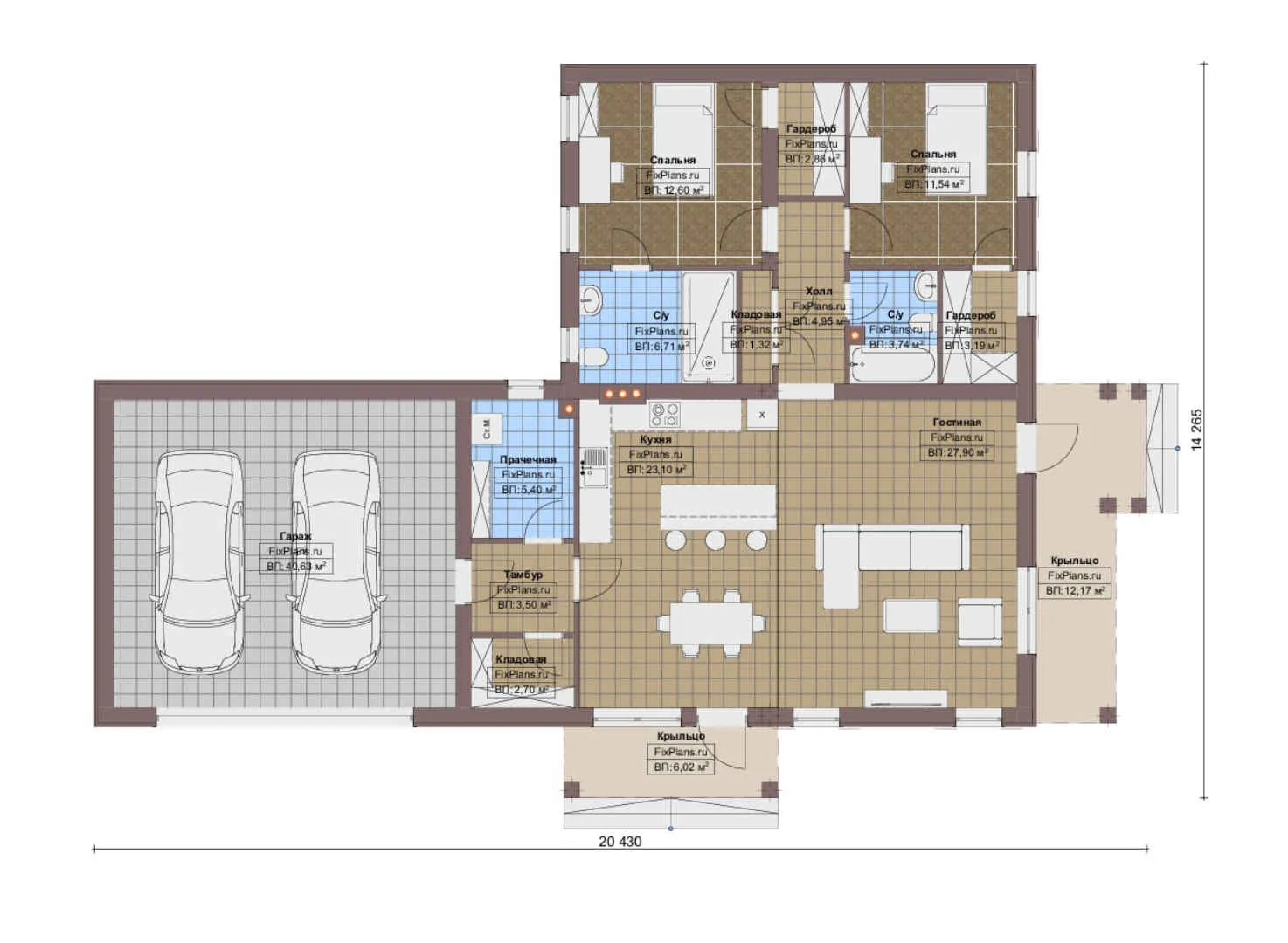 F-16406 - План одноэтажного дома 15 на 21, площадью 170 м² с 2 спальнями