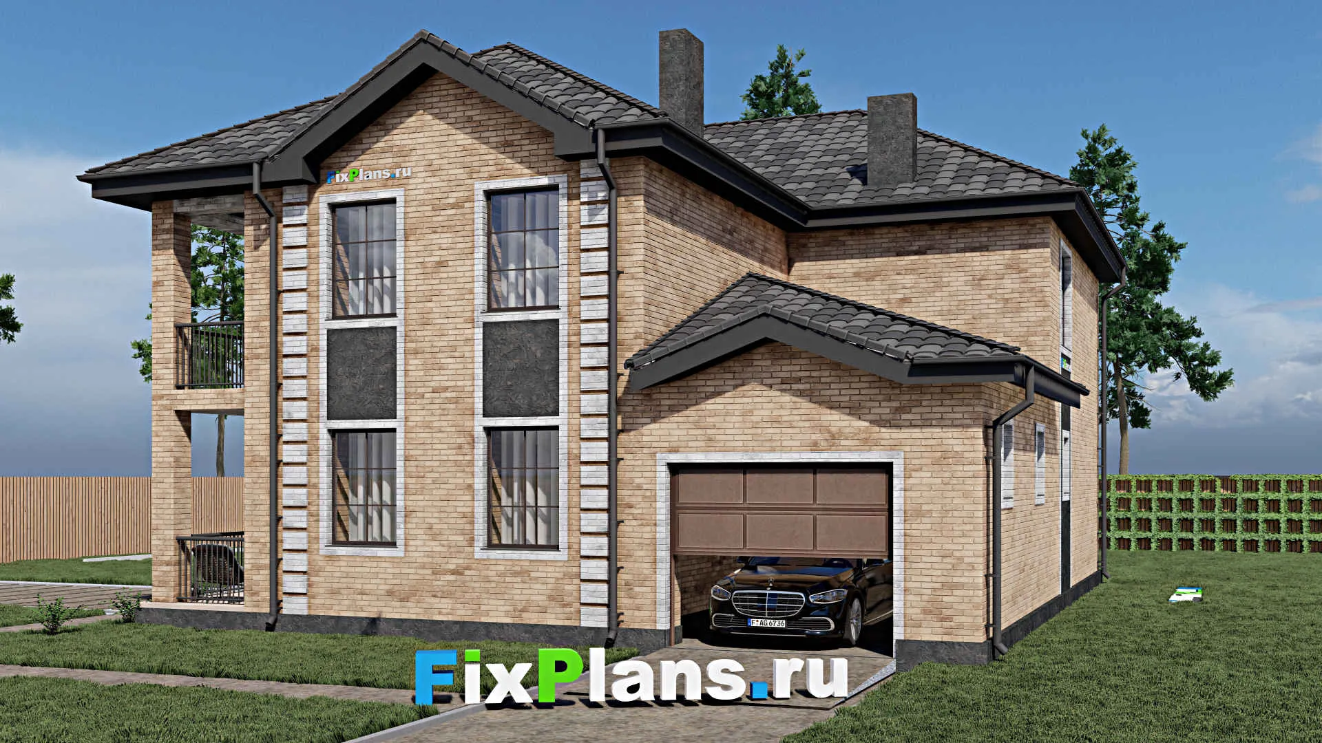 F-0620 - Проект двухэтажного дома 13 на 15, площадью 270 м² с террасой, балконом, гаражом на 1 машину и 4 спальнями