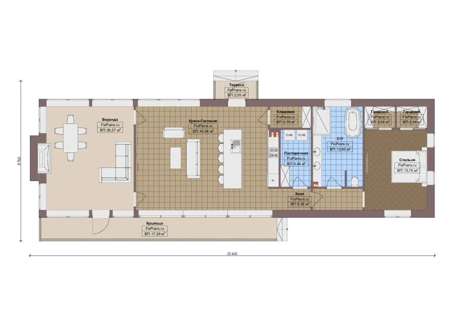 F-20681 - План одноэтажного дома 9 на 23, площадью 150 м² с террасой и 1 спальнями