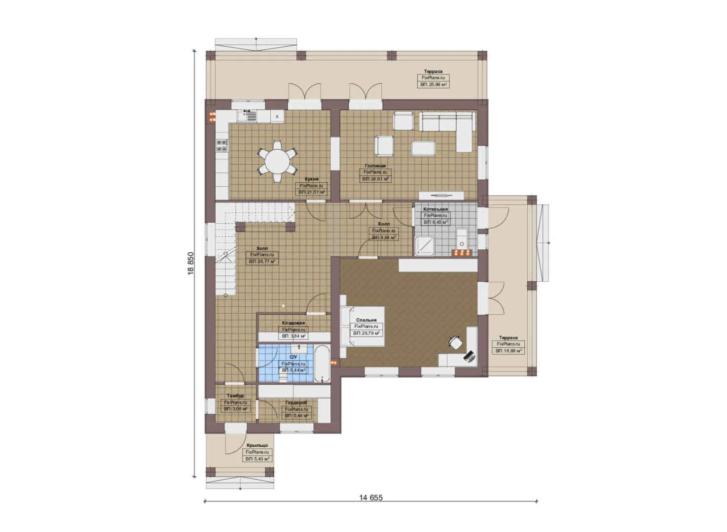F-19709 - Планы двухэтажного дома 15 на 19, площадью 340 м² с террасой, балконом и 4 спальнями