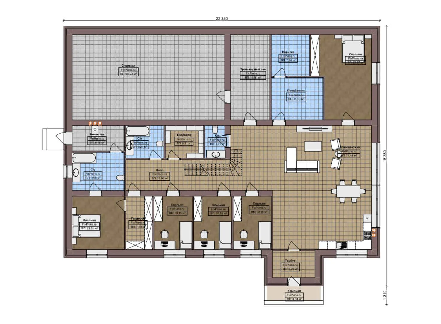 F-5264 - Планы дома с мансардой 19 на 23, площадью 390 м² с спортзалом и 5 спальнями