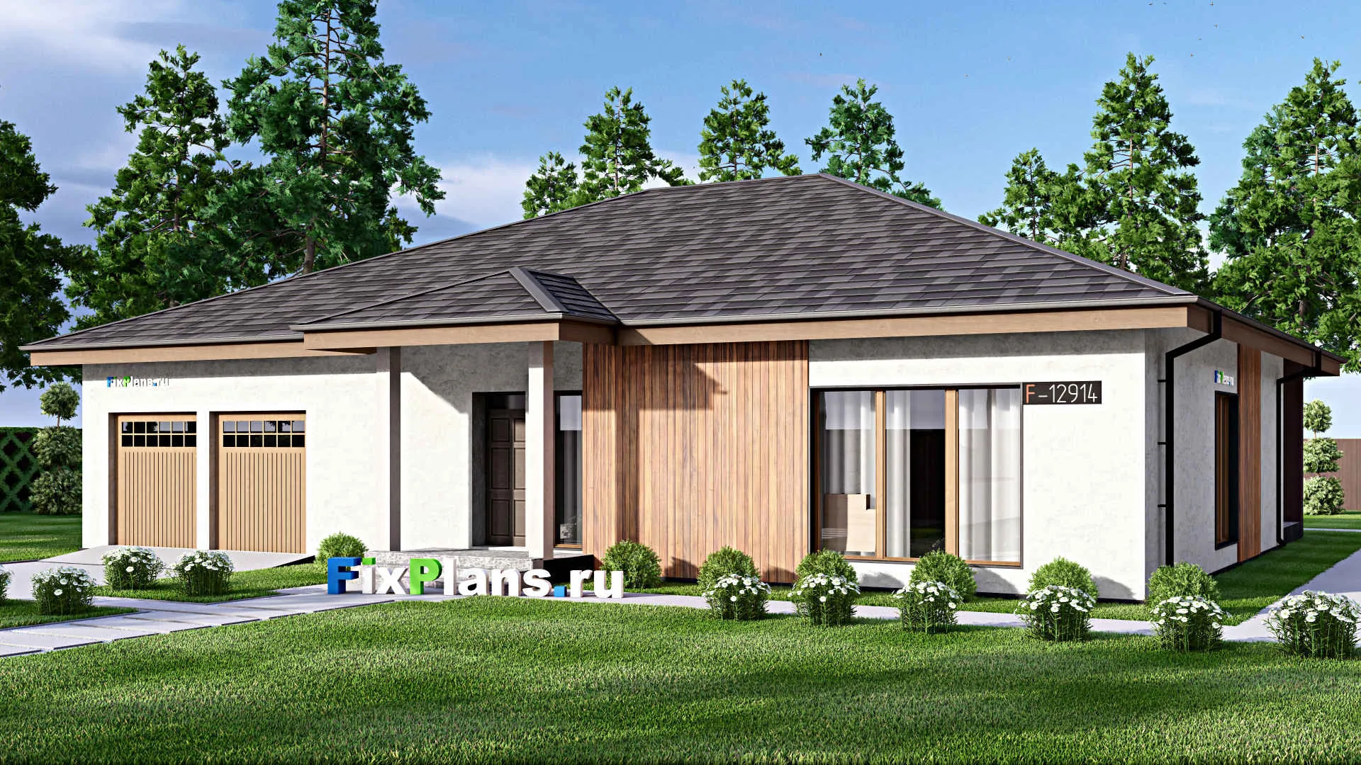 F-12914 - Проект одноэтажного дома 17 на 20, площадью 360 м² с террасой, цокольным этажом, баней, гаражом на 1 машину и 2 спальнями