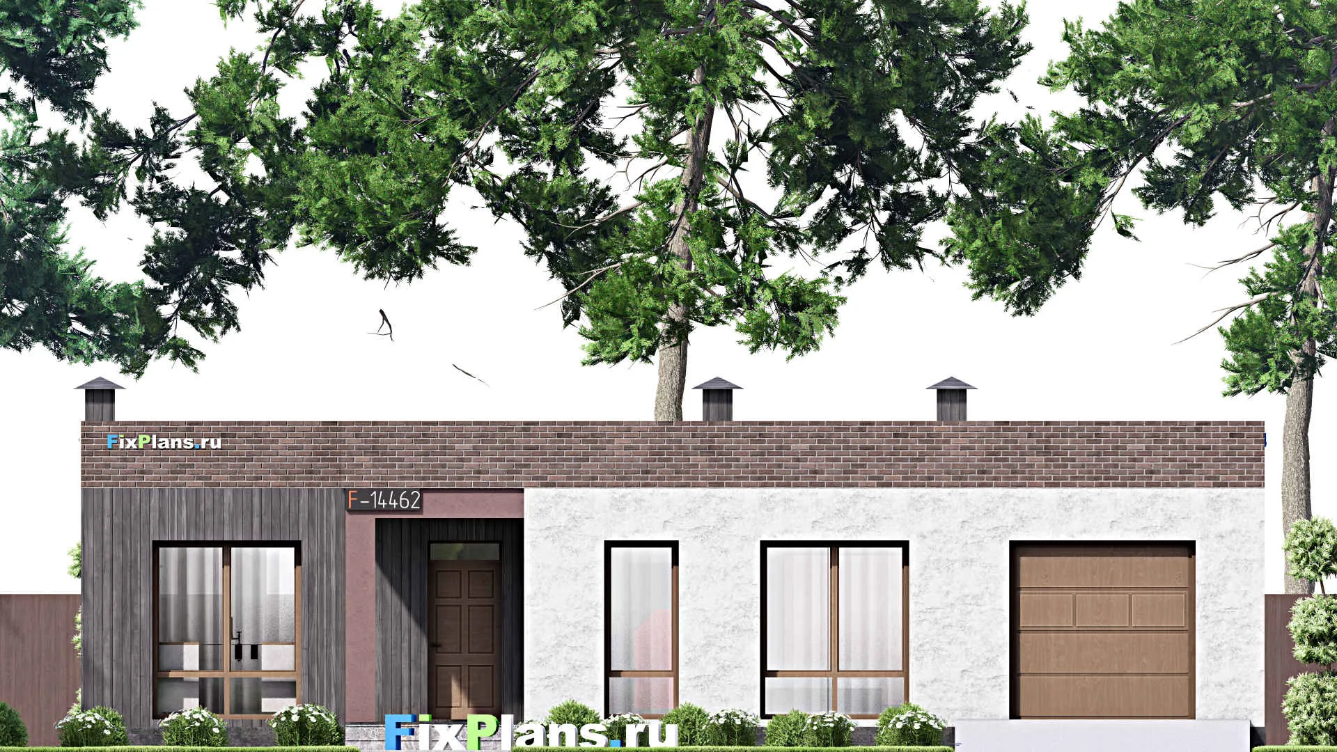 F-14462 - Проект одноэтажного дома 14 на 16, площадью 150 м² с террасой, гаражом на 1 машину и 3 спальнями