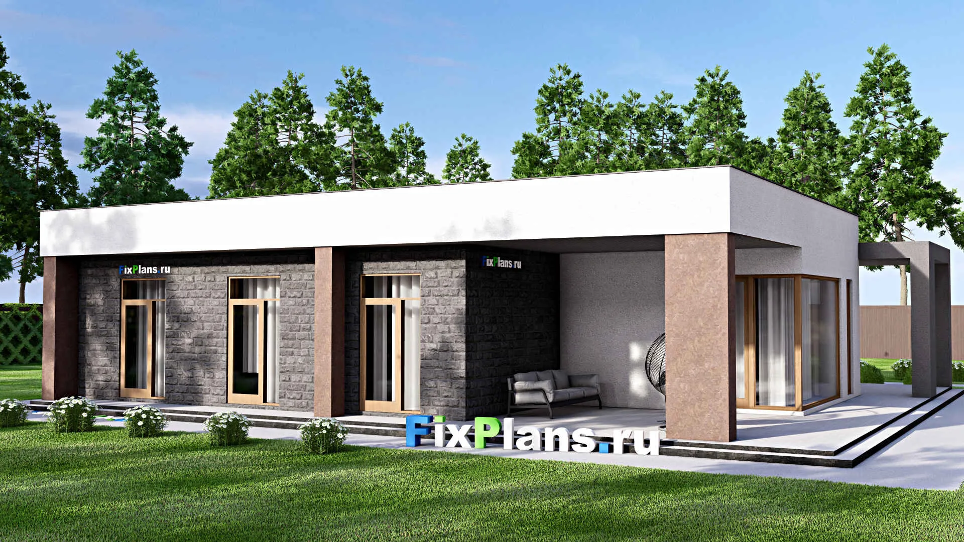 F-16361 - Проект одноэтажного дома 18 на 18, площадью 470 м² с террасой, гаражом на 1 машину и 3 спальнями