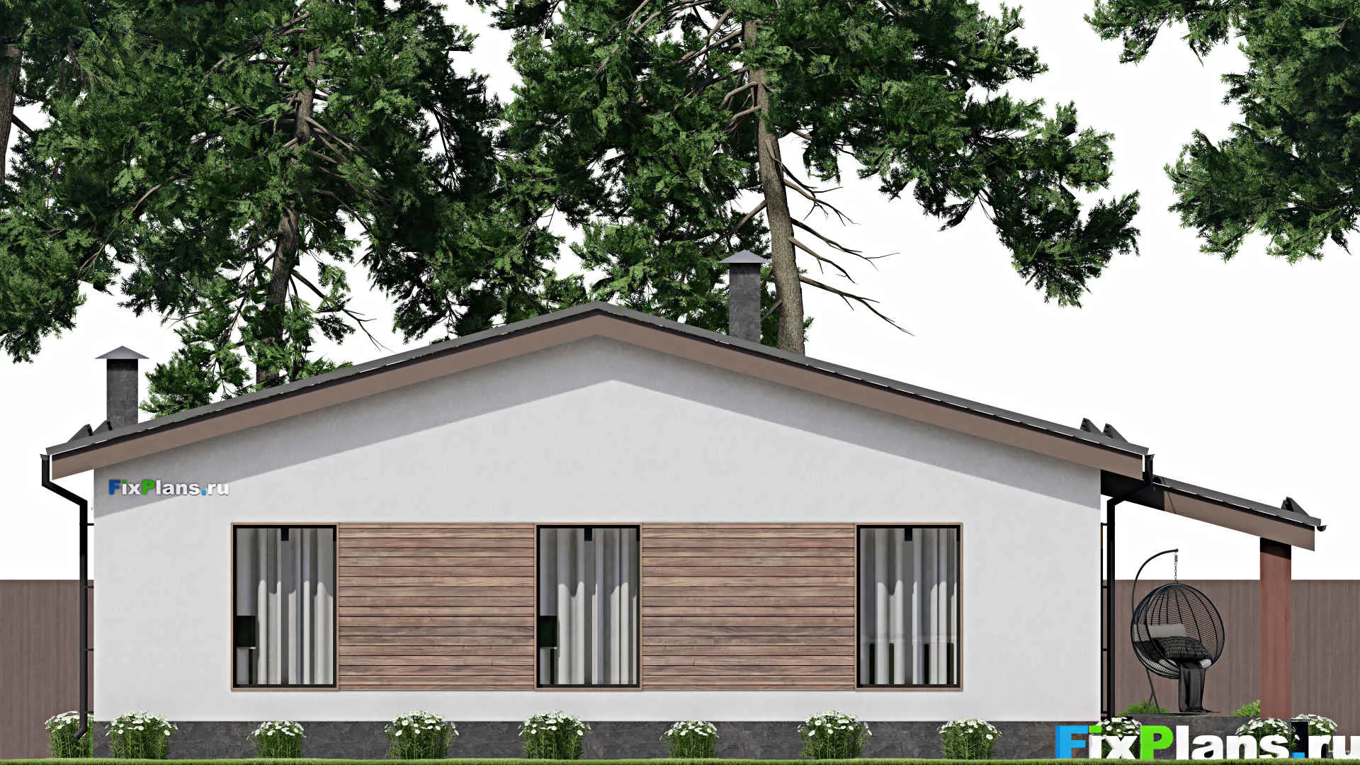 F-6632 - Проект одноэтажного дома 14 на 16, площадью 150 м² с террасой и 3 спальнями