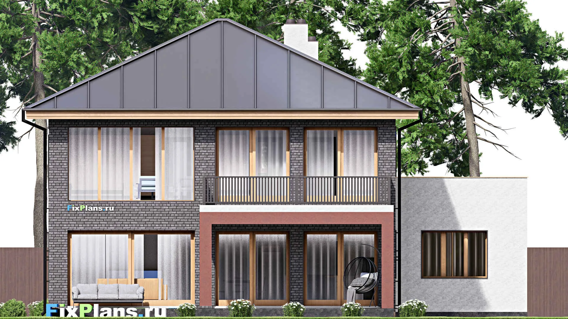 F-16001 - Проект двухэтажного дома 16 на 16, площадью 290 м² с террасой, балконом, гаражом на 1 машину и 4 спальнями