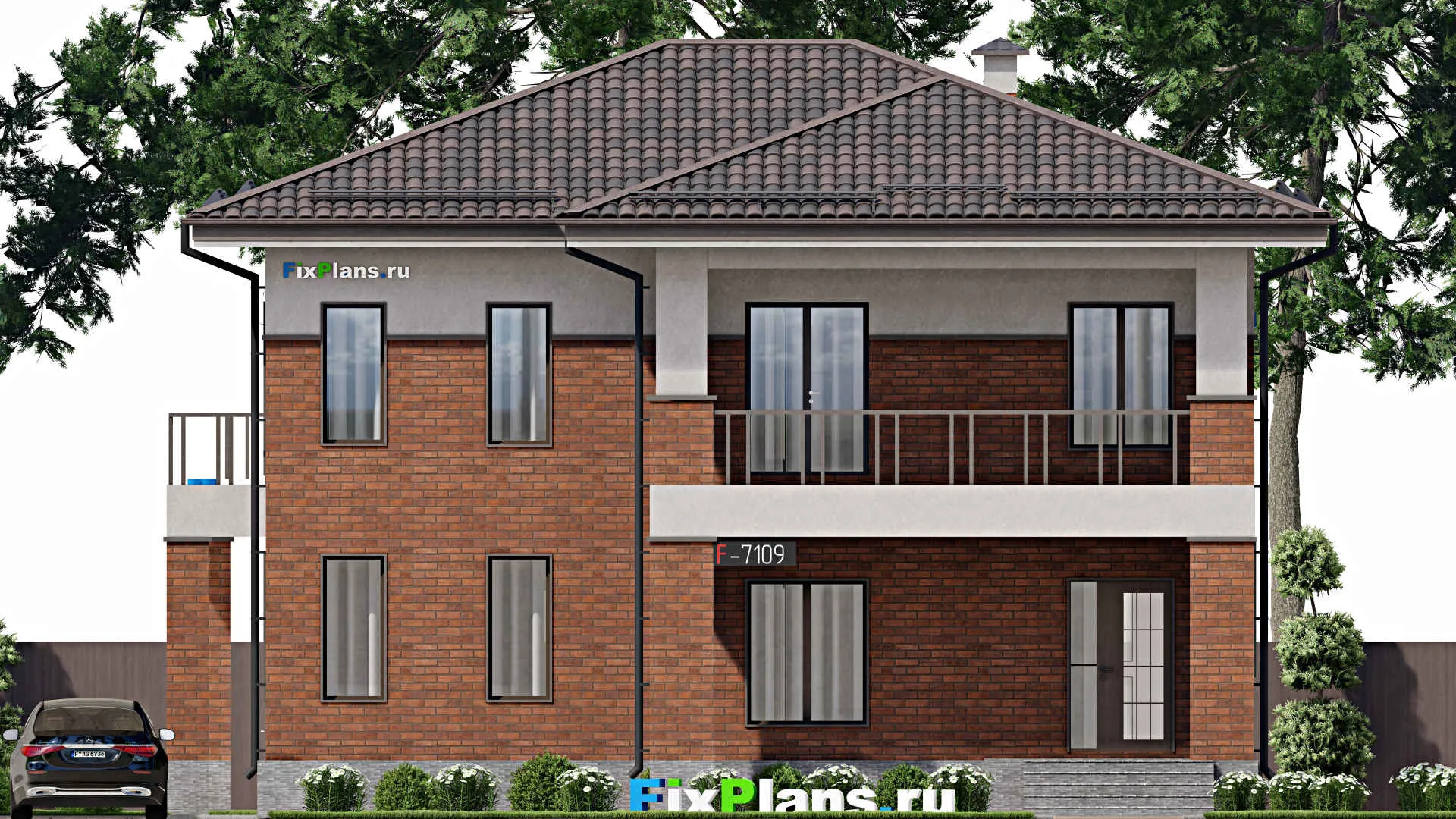 F-7109 - Проект двухэтажного дома 14 на 16, площадью 270 м² с террасой, балконом и 6 спальнями