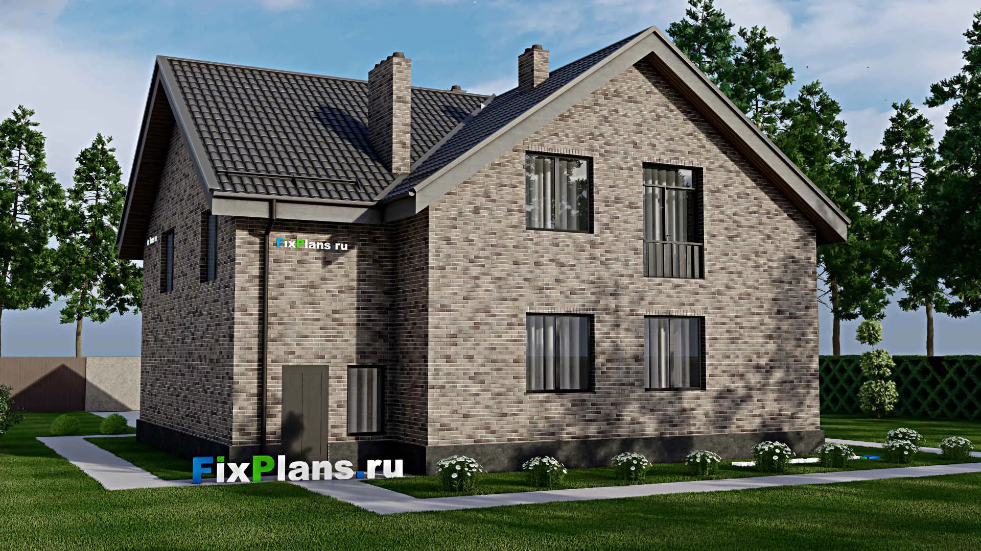 F-3293 - Проект дома с мансардой 13 на 14, площадью 250 м² с террасой, балконом, гаражом на 1 машину, спортзалом и 4 спальнями