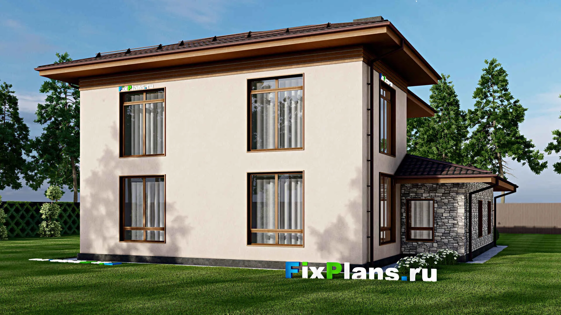 F-2114 - Проект двухэтажного дома 14 на 16, площадью 240 м² с балконом, гаражом на 1 машину и 4 спальнями