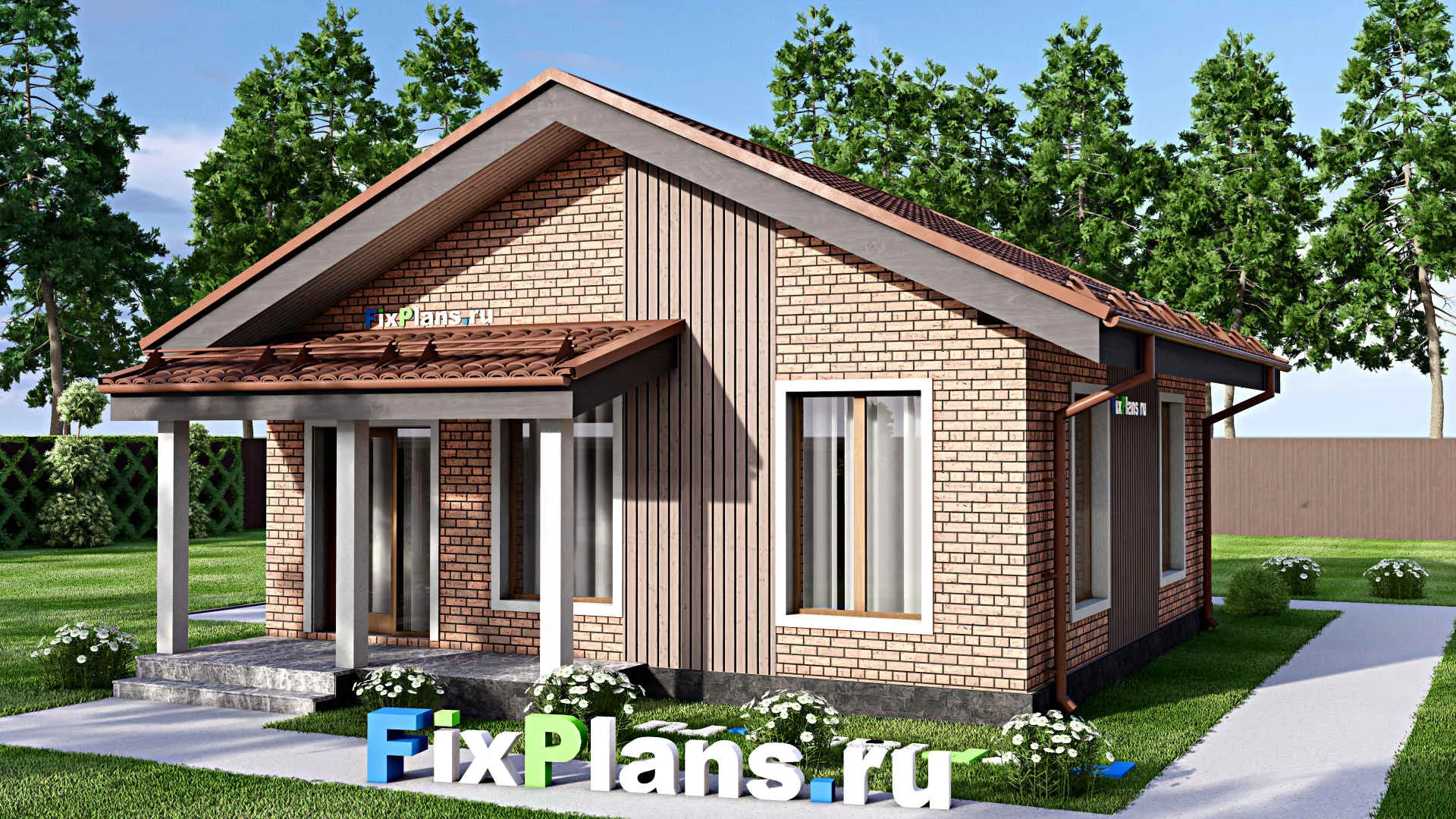 F-13310 - Проект одноэтажного дома 9 на 12, площадью 60 м² с террасой и 2 спальнями