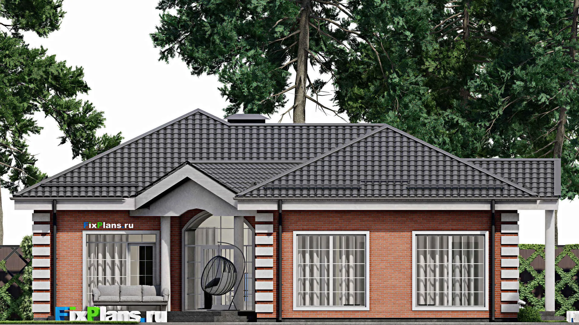 F-3662 - Проект одноэтажного дома 15 на 19, площадью 210 м² с террасой, гаражом на 1 машину и 3 спальнями