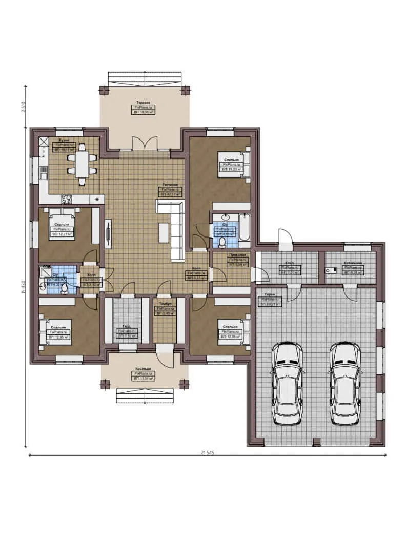 F-0674 - План одноэтажного дома 20 на 22, площадью 270 м² с террасой, гаражом на 2 машины и 4 спальнями
