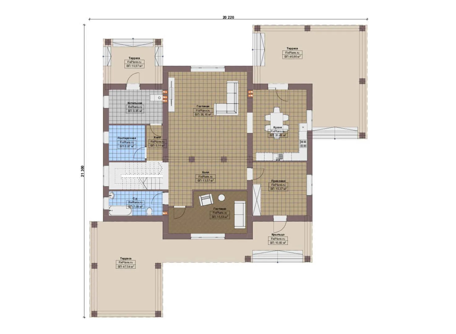 F-20600 - Планы двухэтажного дома 21 на 22, площадью 350 м² с террасой и 4 спальнями
