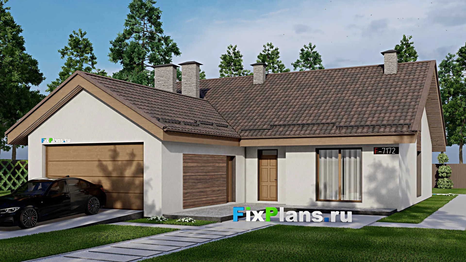 F-7172 - Проект дома с мансардой 14 на 19, площадью 330 м² с террасой, гаражом на 2 машины и 3 спальнями