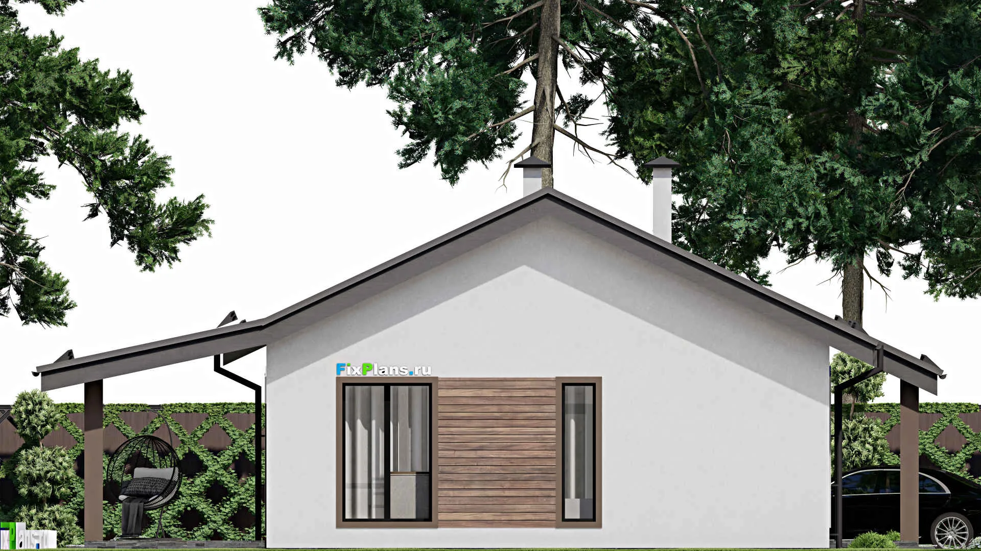 F-9764 - Проект одноэтажного дома 10 на 14, площадью 90 м² с террасой и 2 спальнями