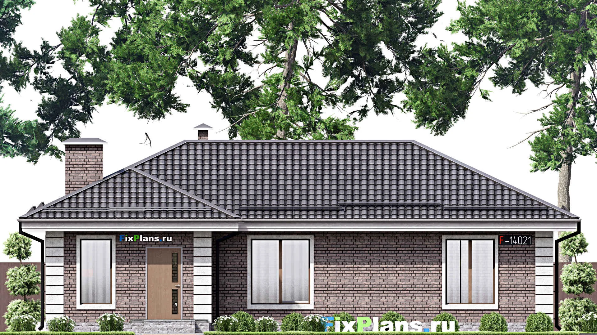 F-14021 - Проект одноэтажного дома 13 на 15, площадью 110 м² с террасой, баней и 3 спальнями