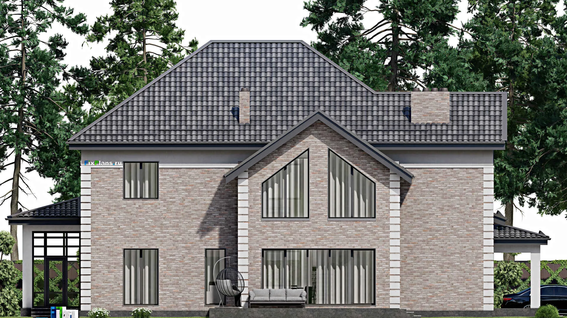 F-7010 - Проект двухэтажного дома 17 на 22, площадью 310 м² с террасой, гаражом на 1 машину и 6 спальнями