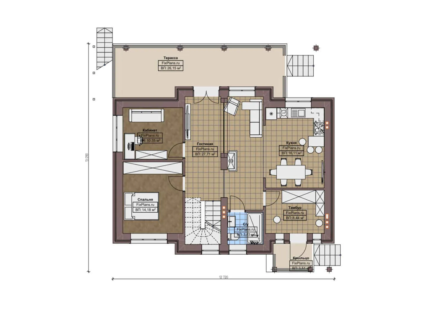 F-10322 - Планы дома с мансардой 13 на 14, площадью 270 м² с цокольным этажом и 4 спальнями