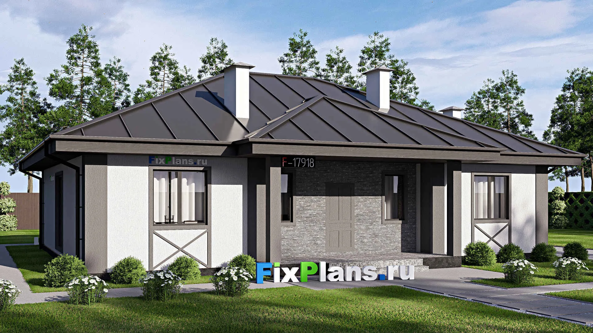 F-17918 - Проект одноэтажного дома 15 на 16, площадью 170 м² с террасой и 3 спальнями