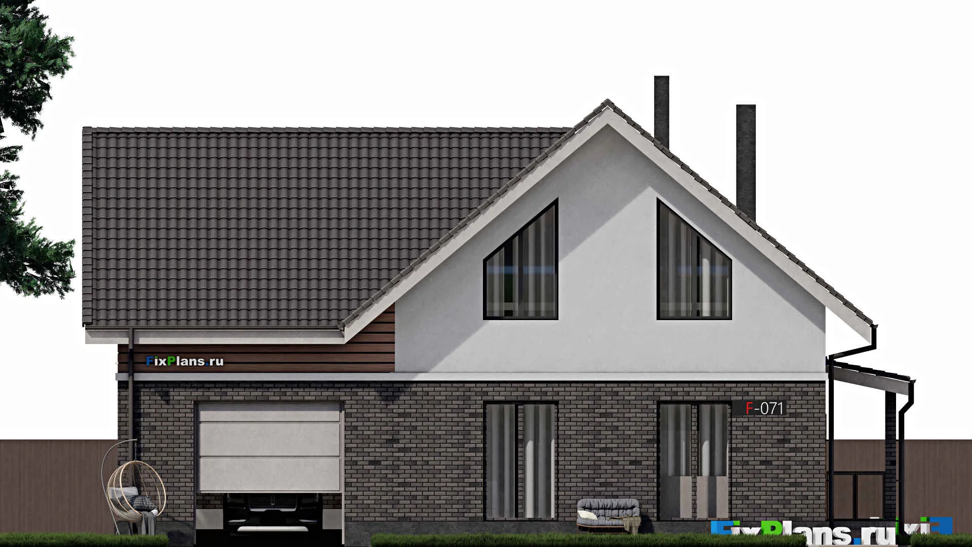 F-0071 - Проект дома с мансардой 10 на 15, площадью 190 м² с балконом, гаражом на 2 машины и 4 спальнями