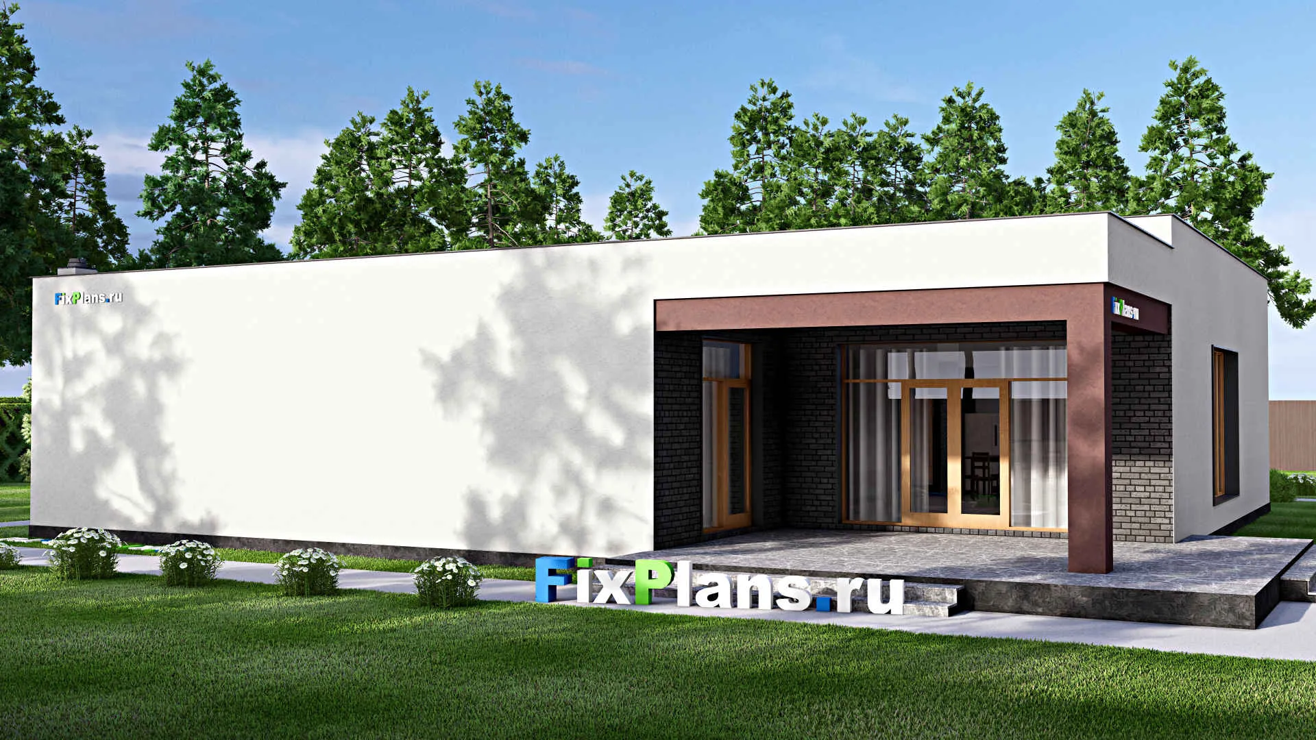 F-15983 - Проект одноэтажного дома 21 на 22, площадью 280 м² с террасой, гаражом на 2 машины и 3 спальнями