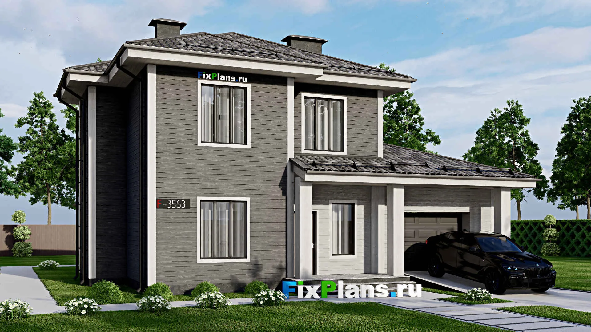 F-3563 - Проект двухэтажного дома 12 на 15, площадью 200 м² с террасой, гаражом на 1 машину и 5 спальнями