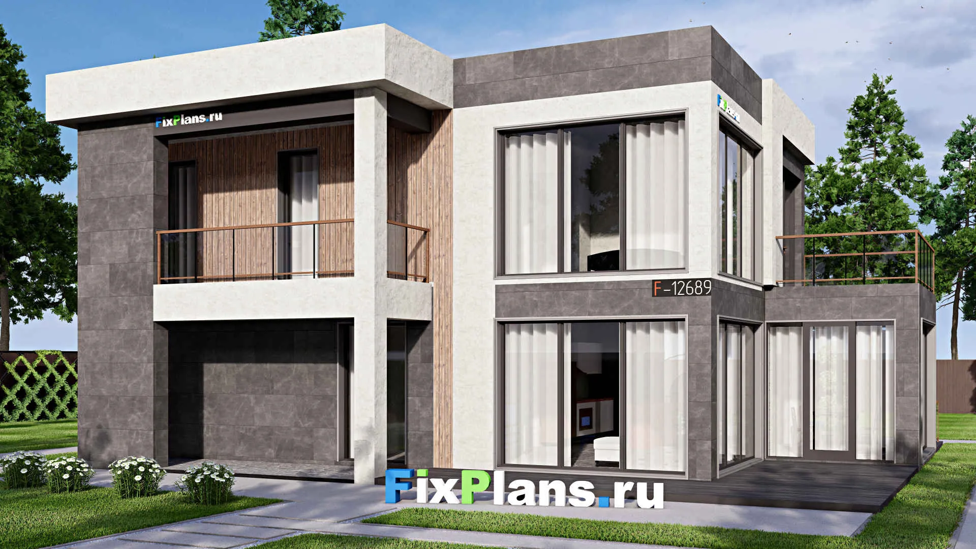 F-12689 - Проект двухэтажного дома 13 на 17, площадью 300 м² с террасой, балконом, баней и 5 спальнями