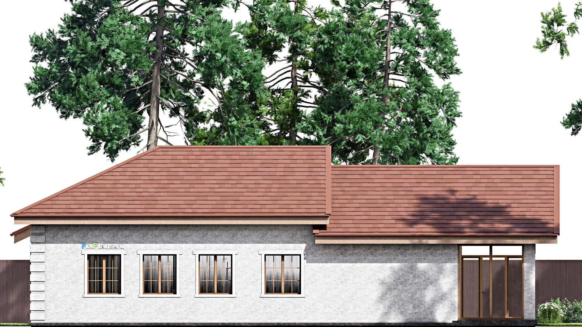 F-8324 - Проект одноэтажного дома 19 на 40, площадью 300 м² с террасой, гаражом на 2 машины и 5 спальнями